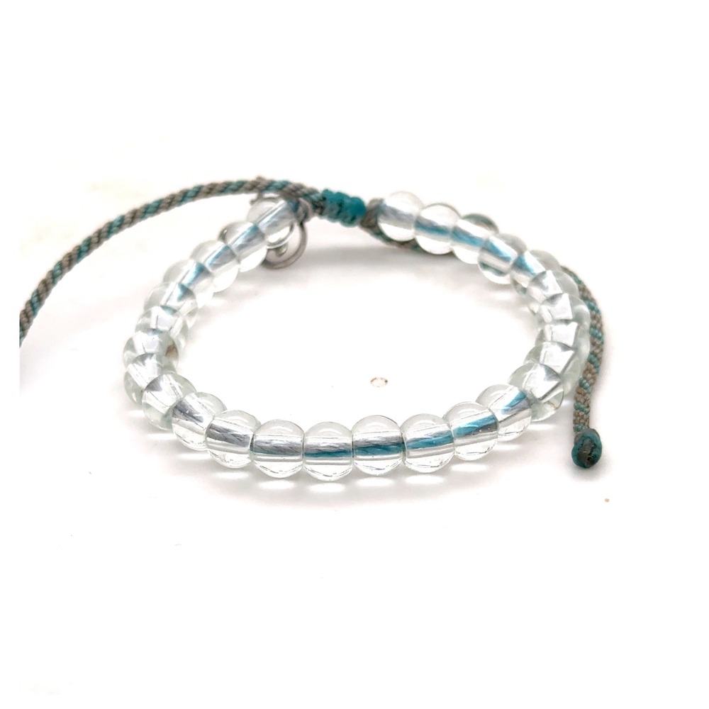 4ocean Signature Beaded Bracelet Clear Recycled Glass Adjustable Blue Cord Charm